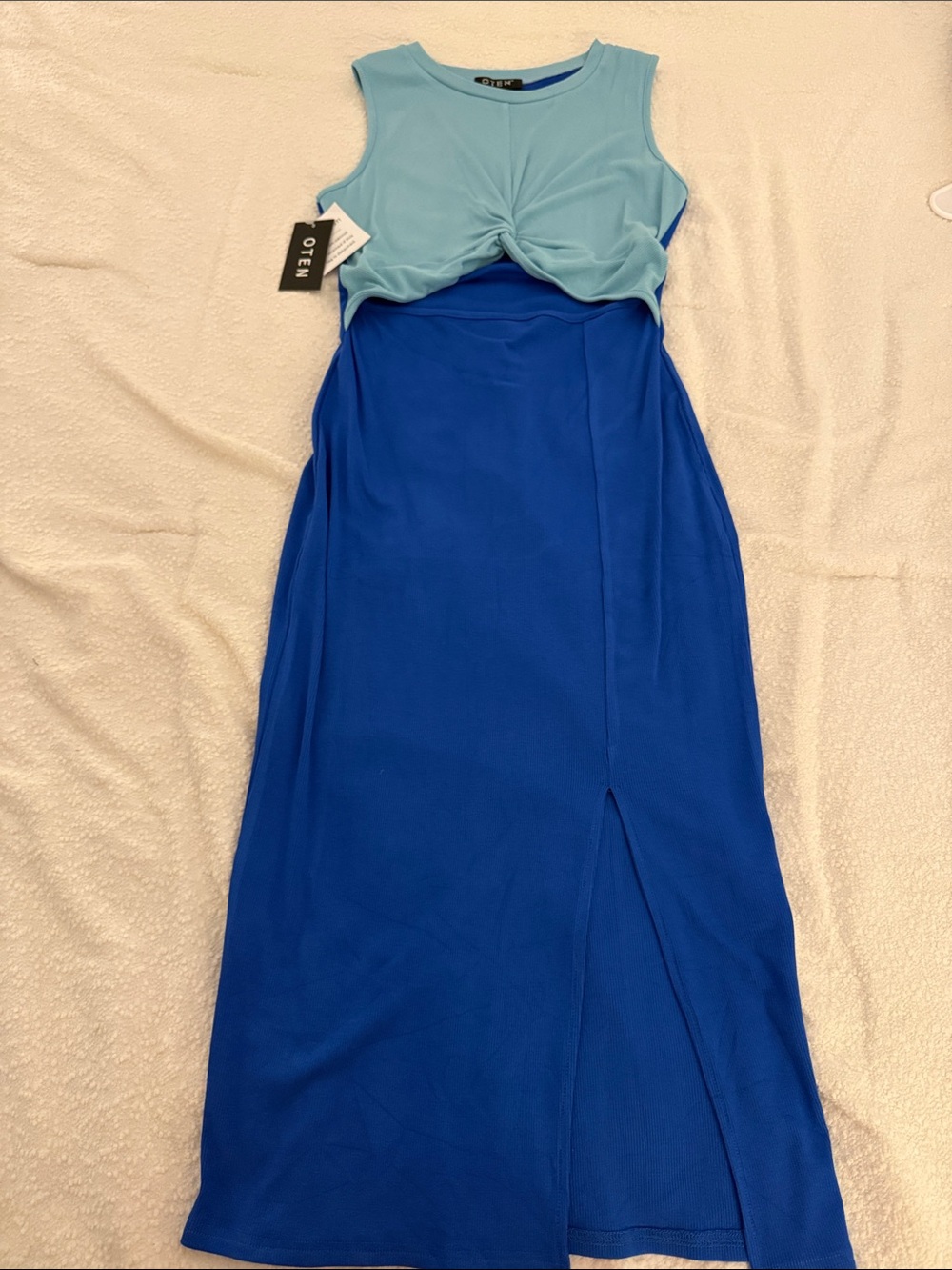 Two-Tone Blue Knot Front Maxi Dress